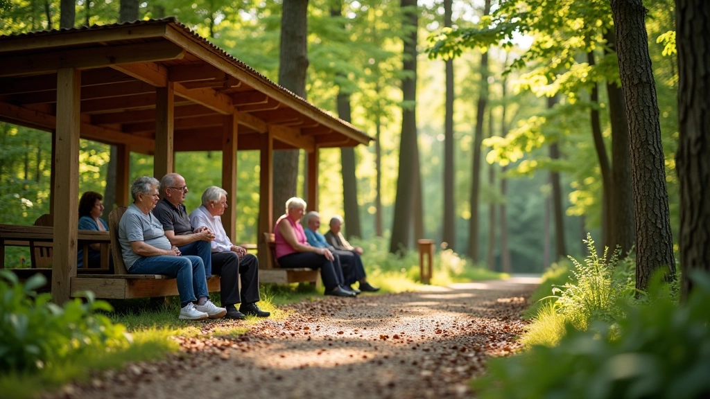 Pensionāri atpūšas mierīgā vidē pie sheltera meža vidū