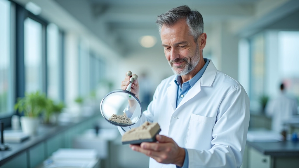 Ģeoloģa profesionāls portrets ar paraugiem un analīzes instrumentiem laboratorijā