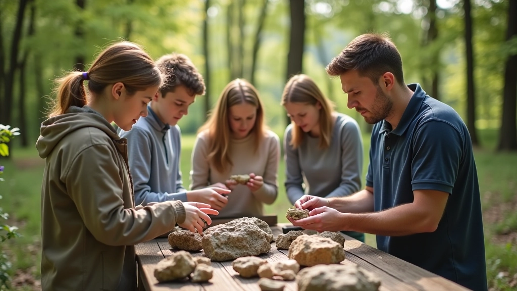 Jauniešu grupa ar instruktoru pēta ģeoloģiskus paraugus parka vidē